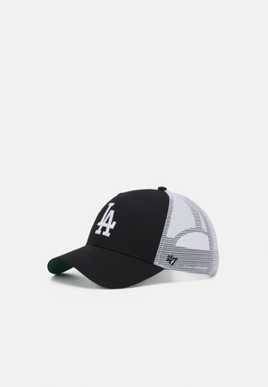 Black cap with a white LA logo, mesh back, curved brim, and green underside. Features "47" tag on the side.