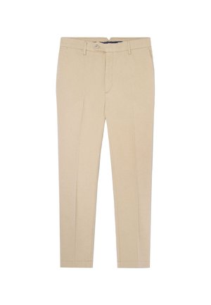 Beige broek met een getailleerde pasvorm, platte voorkant, riemlussen en een ritssluiting. Gemaakt van een soepele stof met twee zijzakken.