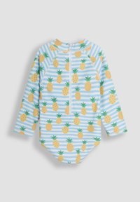 Rompers de bain à manches longues avec un motif rayé bleu clair et des impressions d'ananas jaunes. Il dispose d'une fermeture éclair au dos. Tissu lisse.