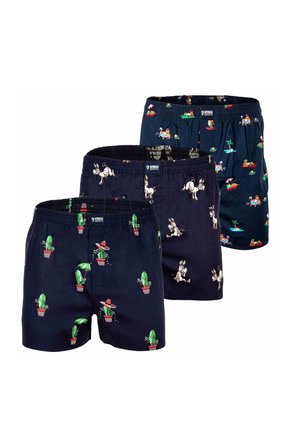 Trois paires de boxers pour hommes bleu foncé avec ceintures élastiques, présentant des motifs cactus, chien et vacances d'été.