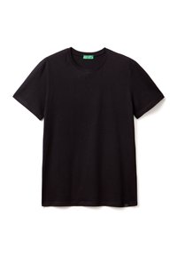 Svart bomullströja med rund halsringning, korta ärmar och en slätt tyg. Har en grön varumärkesetikett vid halsringningen.