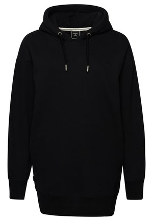 Schwarzer Kapuzenpullover mit langen Ärmeln, Kordelzug und gerippten Bündchen, mit kleinem Logo auf der linken Brust.