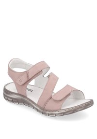 Světle růžové sandály se dvěma nastavitelnými suchými zipy, podpůrnou polstrovanou podrážkou a texturovanou gumovou podrážkou pro lepší přilnavost.