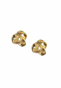Guld-tonade knutstudsörhängen med sammanflätade band, slät yta och polerad finish, som mäter ungefär en tum i diameter.