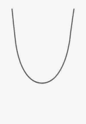 Čierny kovový reťazový náhrdelník s jednoduchým, okrúhlym dizajnom článkov. Hladký povrch s jednotným matným prevedením, vhodný na vrstvenie alebo nosenie samostatne.