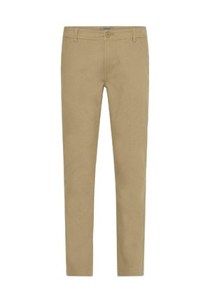 Chinos in cotone khaki con vestibilità slim, davanti piatto, chiusura con un singolo bottone e tasche standard. Texture liscia con dettagli di cucitura minimi.