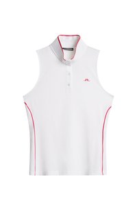 Vit ärmlös pikétröja med hög krage, treknappslå, och rosa kantning längs sidorna. Diskret logotyp på bröstet.