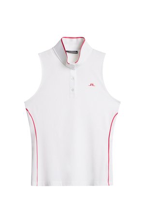 Polo shirt bianco senza maniche con colletto alto, patta con tre bottoni e piping rosa lungo i lati. Logo discreto sul petto.