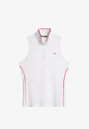 Valkoinen hihaton pikeepaita, jossa on korkea kaulus, kolmonen nappirivillä ja vaaleanpunaiset koristeraidat sivuilla. Huomaamaton logo rinnassa.