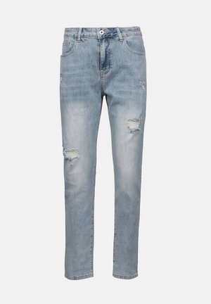 Light blue distressed jeans made of denim, featuring ripped knee details, a classic five-pocket design, and a button fly closure.