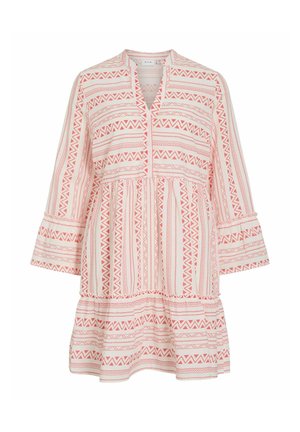 Lightweight, pink-and-white patterned dress with a V-neck, three-quarter sleeves, and a flared skirt featuring geometric designs.