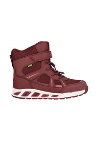 Murwijnrode hoge sportieve schoen met gaaspanelen, klittenbandsluiting, gevoerde middenzool en rubberen buitenzool met rode accenten.