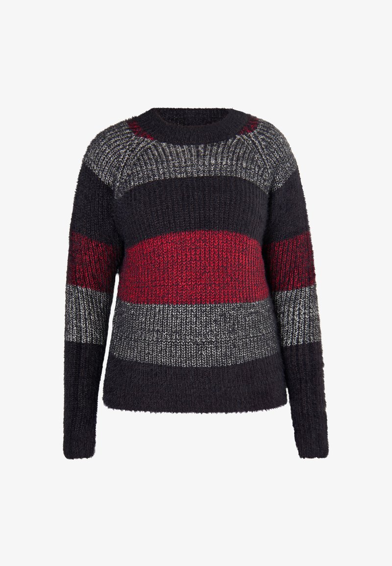 Zömök kötésű pulóver fekete, szürke és piros vízszintes csíkokkal, hosszú ujjal és kerek nyakkivágással.