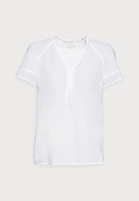 Witte korte mouwen top met een V-hals, gemaakt van ribbelstof. Heeft zijsplitten en subtiele zoomdetails. Gladde textuur.