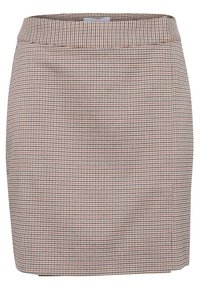 Jupe texturée longueur genou en motif pied de poule brun et beige, présentant une silhouette ajustée et une taille lisse sans fermetures.