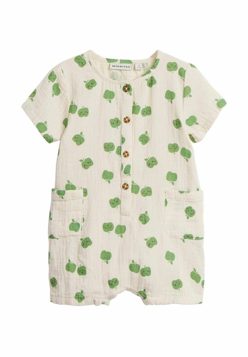 Kurzarmpolyesteranzug in hellbeige mit grünen Apfelmotiven, hölzernen Knöpfen in der Mitte und zwei vorderen Taschen zur Funktionalität.