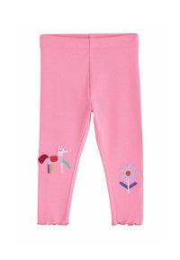 Pink ribbed leggings for children with embroidered unicorn on left leg and purple flower with red center on right leg.