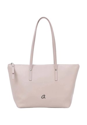Jasnoróżowa torba typu tote ze skóry z długimi uchwytami, zamkiem błyskawicznym u góry i małym metalowym logo "a" na środku przodu.
