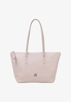 Bolso tote de cuero rosa claro con asas largas, cierre superior con cremallera y pequeño logo metálico en forma de "a" en el centro del frente.