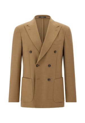 Double-breasted jacket in a light brown wool blend. Features two front pockets, notch lapels, and dark buttons. Tailored design with smooth texture.