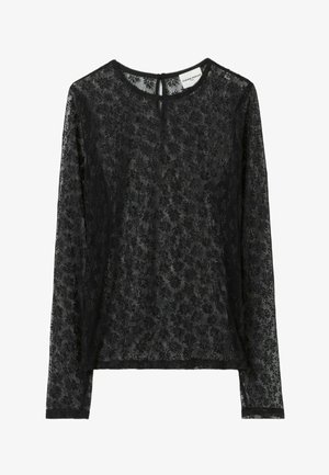 Top lungo in pizzo nero con maniche lunghe, caratterizzato da un motivo floreale, scollo rotondo e chiusura a goccia sul retro. Tessuto morbido e testurizzato.