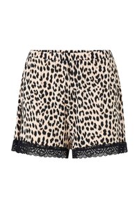Leopard print women's shorts with elastic waistband and black lace trim along the hem.