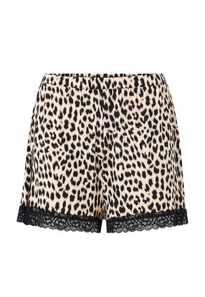 Leopard print women's shorts with elastic waistband and black lace trim along the hem.