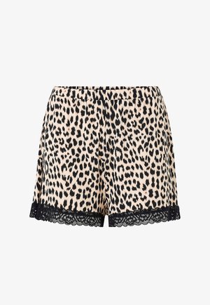 Leopard print women's shorts with elastic waistband and black lace trim along the hem.