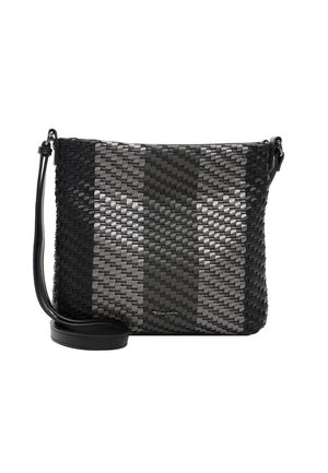 Sac besace noir et gris tissé avec bandoulière réglable et plaque logo métallique subtile au centre avant.