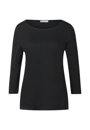 Schwarzes Langarmtop mit runder Ausschnitt. Hergestellt aus weichem, glattem Stoff mit taillierter Form und ohne sichtbare Muster oder Akzente.