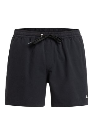 Schwarze Badeshorts mit Mesh-Struktur, elastischem Bund, verstellbarem Kordelzug und einem kleinen Logopatch am linken Saum.