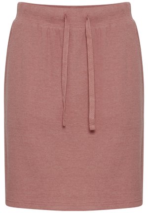 Jupe de maillot rose avec une taille à cordon, présentant une texture côte. Le design est simple, arrive au genou et ne comporte pas de motifs ou d'accents supplémentaires.