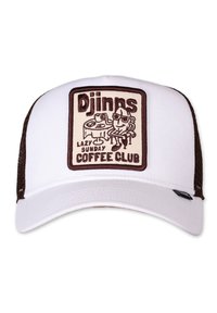Gorra de béisbol blanca con parte trasera de malla marrón, que presenta un parche rectangular bordado con un personaje de dibujos animados y el texto "Club del Café del Domingo Perezoso."
