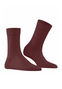 Burgunderfarbene Baumwollsocken mit glatter Textur, die über einen gerippten Bund und ein klassisches Crew-Length-Design verfügen. Ideal für den täglichen Gebrauch.