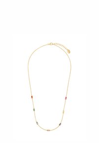 Collana in oro gialla con gemme colorate rettangolari in rosso, verde, blu e viola, dotata di chiusura a granchio e lunghezza regolabile.