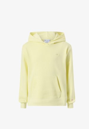 Żółta bluza z kapturem wykonana z miękkiego materiału, z przednią kieszenią, ściągaczami na mankietach i małym logo na piersi.