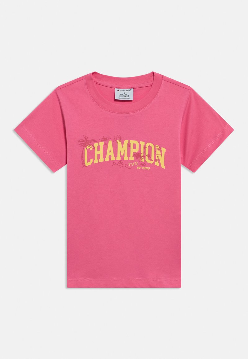 Ροζ βαμβακερό μπλουζάκι με κίτρινο γραφικό "CHAMPION" και διακοσμητικά φοίνικα, λαιμόκοψη, κοντά μανίκια και κανονική εφαρμογή.
