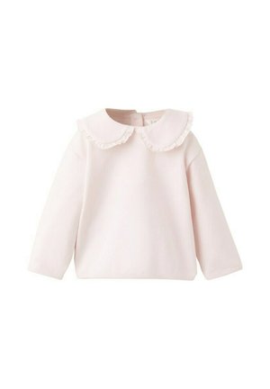 Lyserød langærmet trøje til småbørn med rund, flæsekrave og knaplukning bagpå.