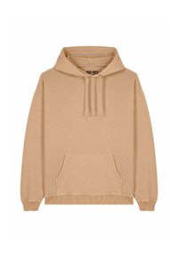 Felpa beige realizzata in tessuto morbido, con tasca a marsupio frontale, maniche lunghe e cappuccio con coulisse. Design semplice con polsini a coste.
