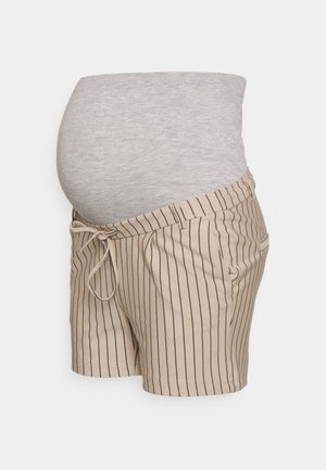 Calções de maternidade com um cós em jersey cinza, tecido bege com finas riscas verticais, cordão ajustável e bolsos laterais.