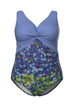 Einteiliger Badeanzug mit lila gedrehtem Vorderteil und mehrfarbigem Unterteil mit blauem, lila und grünem Blumenmuster.