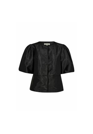Blusa nera con maniche a palloncino corte, scollatura rotonda e chiusura con bottoni sul davanti. Realizzata in un tessuto liscio e leggermente lucido con una vestibilità strutturata.