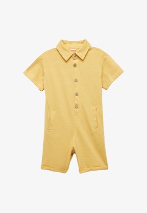 Jumpsuit de algodón amarillo de manga corta con cuello, siete botones en el frente y dos bolsillos laterales. Tejido suave y texturizado.