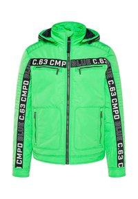 Helle grüne Kapuzenjacke mit strukturiertem Finish, ausgestattet mit schwarzen Akzentlinien und Branding. Zwei Reißverschluss-Brusttaschen und elastischen Bündchen.