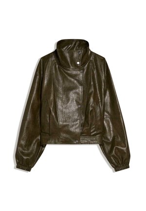 Tmavozelená kožená bunda s vysokým golierom, zapínaním na patentné gombíky, dlhými rukávmi s elastickými manžetami a prednými vreckami.