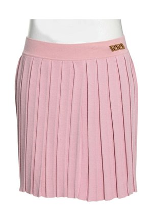 Jupe plissée en maille rose clair avec une large ceinture et un petit détail logo doré sur le côté.