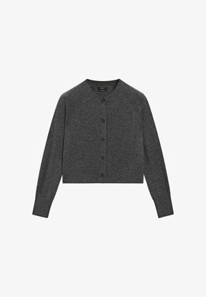 Cardigan grigio corto realizzato in tessuto morbido, con scollatura tonda, maniche lunghe e bottoni marroni davanti.