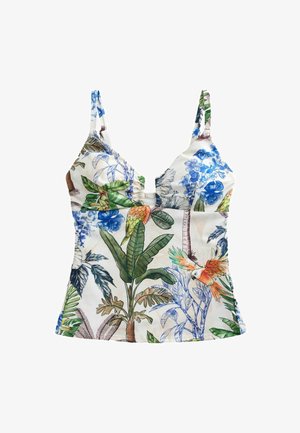 Bílý top bez rukávů s barevným tropickým potiskem ptáků a květin, obsahující zelené listy, modré květy a oranžové papoušky.