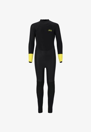 Sort våddragt med lange ærmer, prydet med gule detaljer ved ærmekanterne. Fremstillet af strækbart materiale med forstærkede knæpatches for holdbarhed.