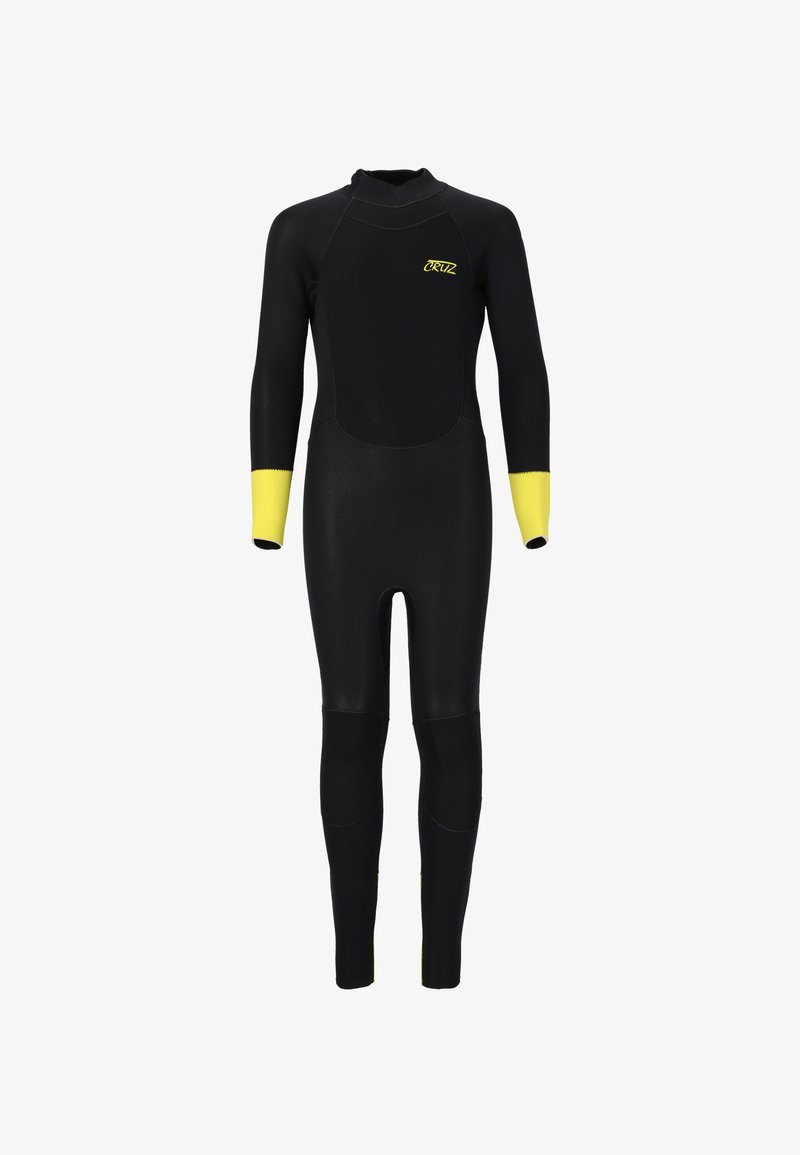 Svart våtdräkt med långa ärmar, med gula detaljer vid ärmsluten. Tillverkad av elastiskt material med förstärkta knäpatches för hållbarhet.